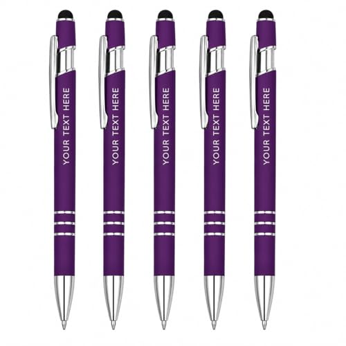 Ultima Softex Stylus Pen (5 Pack) – Soft‑Touch Rubberized Metal Pen with Touchscreen Stylus, Chrome Accents & Smooth Writing Cartridge – 5 Custom Engraved Promotional Pens - color: Purple