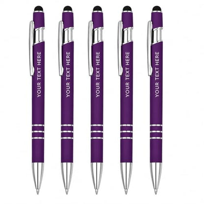 Ultima Softex Stylus Pen (5 Pack) – Soft‑Touch Rubberized Metal Pen with Touchscreen Stylus, Chrome Accents & Smooth Writing Cartridge – 5 Custom Engraved Promotional Pens - color: Purple