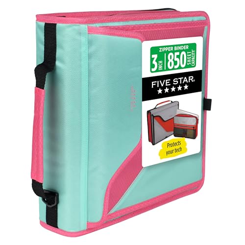 Five Star Zipper Binder, 3-Inch D-Ring Case Binder, 850-Sheet Capacity, Multiple Pockets, Front 5-Tab Expanding File, Removable Padded Case and Shoulder Strap, Taffy Twist (292960L) - color: Taffy Twist, size: 3 Inch