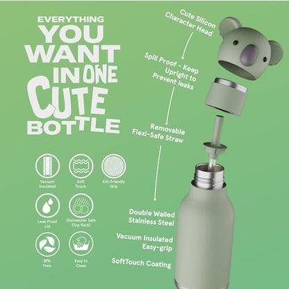 asobu Bestie Bottle Insulated Stainless Steel Water Bottle with Detachable Soft Animal Head Fun Drinking For Kids and Teens with Flexible Reusable Straw 16 Ounce (Koala) - color: FINN THE KOALA