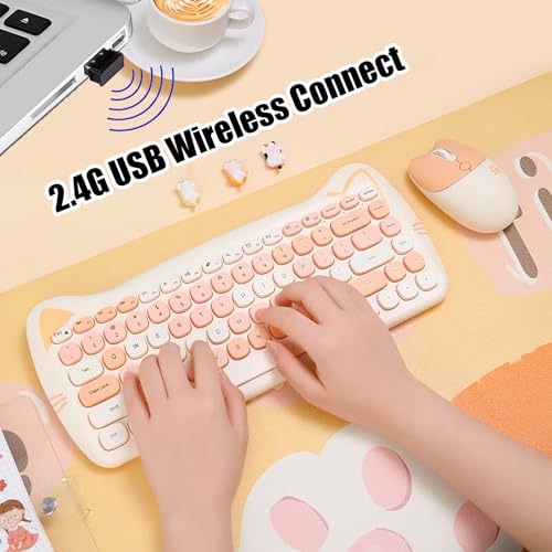 Cute Cat 2.4G USB Wireless Keyboard and Mouse Combo, Silent Keys, Candy Colors, Compatible with Notebook, PC (MilkTea-84Keys) - color: MilkTea-84Keys