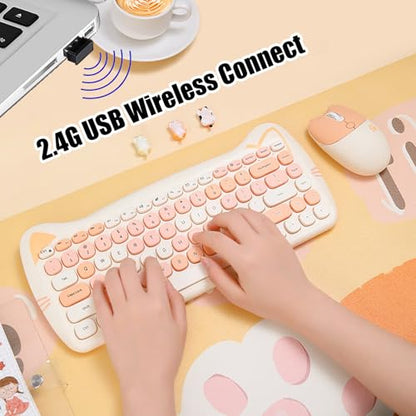 Cute Cat 2.4G USB Wireless Keyboard and Mouse Combo, Silent Keys, Candy Colors, Compatible with Notebook, PC (MilkTea-84Keys) - color: MilkTea-84Keys