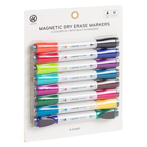 U Brands Fine Tip Dry Erase Markers with Eraser, Magnetic Double Ended Whiteboard Markers, Low Odor, Assorted Bright Colors, Set of 8 - size: 8 Count (Pack of 1)