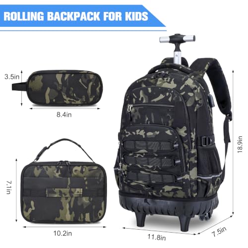 ACESAK Camo Rolling Backpack Boys, Tactical Kids Backpack Boys, Kids Suitcase for Boy Teens Elementary Middle High School, Military Backpack with Wheels and Lunch Bag Pencil Case Set (Camo Black) - color: Camo Black