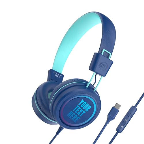 MEE audio KidJamz KJ55 Personalized USB-C Safe Listening Wired Headphones for Kids with Custom LED-Backlit Design, Volume Limiter, & Microphone for iPhone 15, iPad, & USB Type C Devices (Blue) - color: Blue, style: USB-C Customized