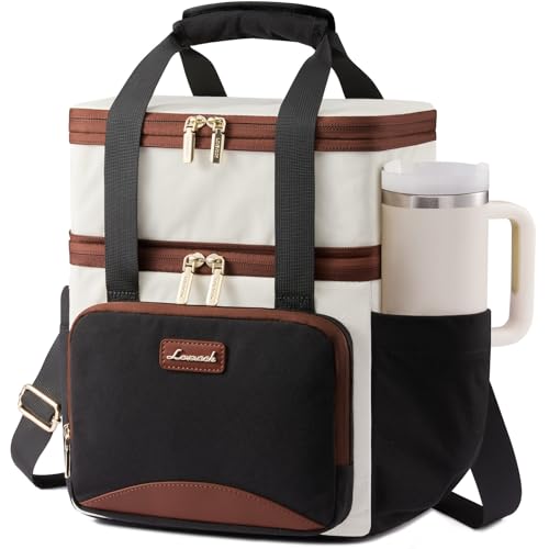 LOVEVOOK Insulated Lunch Bag For Women,Large Double Deck Adult Lunch Box,Teacher Lunch Tote Bag With Cup Holder,Leakproof Cooler Bag With Adjustable Shoulder Strap For Work Picnic Beach,Larger 15L - color: Black with Off White with Brown, size: Large —15l