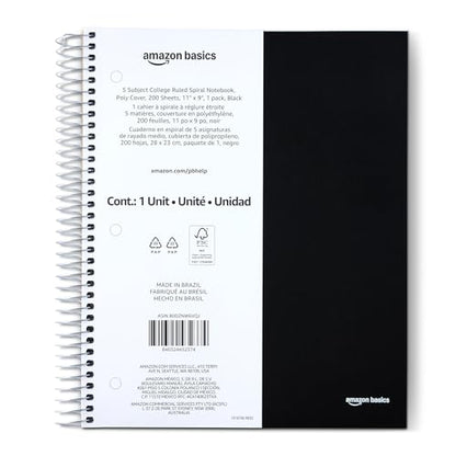 Amazon Basics College Ruled 5-Subject Spiral Notebook, 200 Sheets, 9" x 11", Black - color: Black, style: College Ruled 200 Sheets