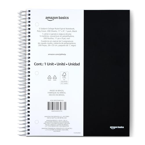 Amazon Basics College Ruled 5-Subject Spiral Notebook, 200 Sheets, 9" x 11", Black - color: Black, style: College Ruled 200 Sheets