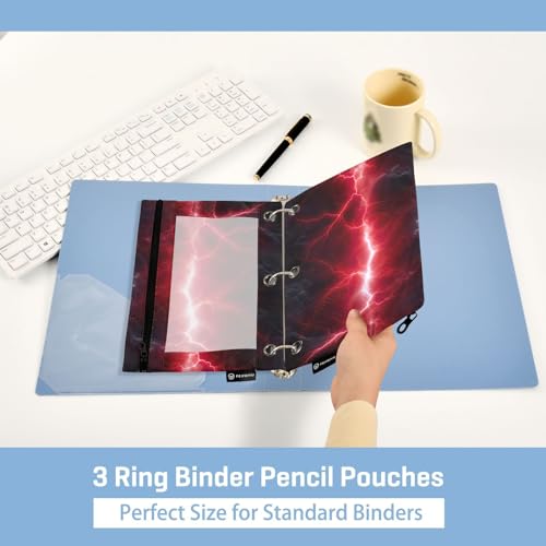 Pencil Pouch for 3 Ring Binder, 2 Pack Red Lightning Binder Pencil Pouch with Clear PVC Window, Zipper Pencil Case Organizer for Office School Supplies