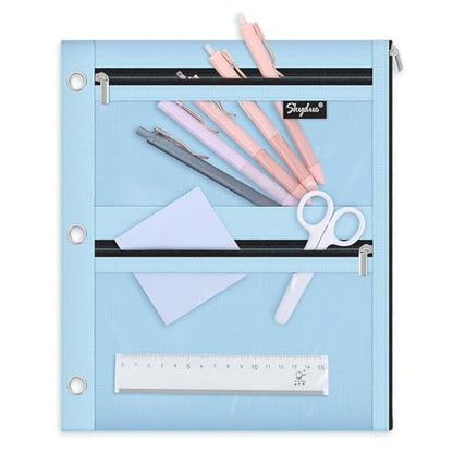 SKYDUE Binder Pencil Pouch for 3 Ring Binder, 3 Compartment Zipper Case, Large Capacity Pen Organizer with Clear PVC Window for School Supplies, Students, Kids & Teachers - color: Skyblue