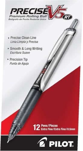 PILOT Precise V5 RT Refillable & Retractable Rollerball Pens,Extra Fine Point Pens 0.5 mm,Black,- Ideal for School,Journaling & Office Writing,12 Count (Pack of 12) - color: Black, size: 12 Count (Pack of 12)
