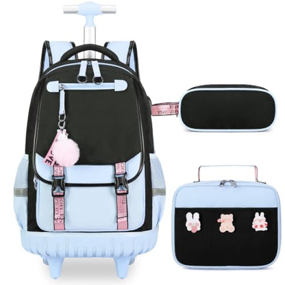 Bevalsa Rolling Backpack for Girls, 3PCS Roller School Backpacks with Lunch Box & Pen Case, Kids Bookbag Schoolbag with Wheels for Teen Girl Kindergarten Elementary Middle School - color: Black Blue