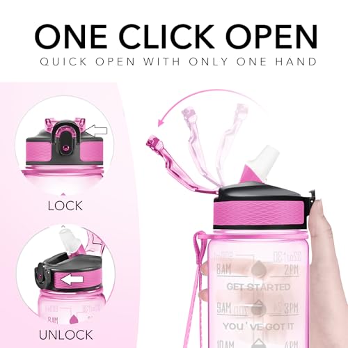 Hyeta Water Bottle with Straw & Time Marker, Plastic 32oz Leakproof | Motivational Tritan BPA Free Gym Office Outdoor Intake Tracker Hourly Reminder Straw Lid Carry Strap - color: Clear Pink