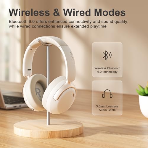 LORELEI Q30 Bluetooth Headphones Over Ear,60H Playtime & 3 EQ Music Modes,BT6.0 Headphones Wireless with Mic,Foldable Lightweight Headsets,HiFi Stereo Deep Bass for Home Travel iPad Tablet-Beige White - color: Beige White