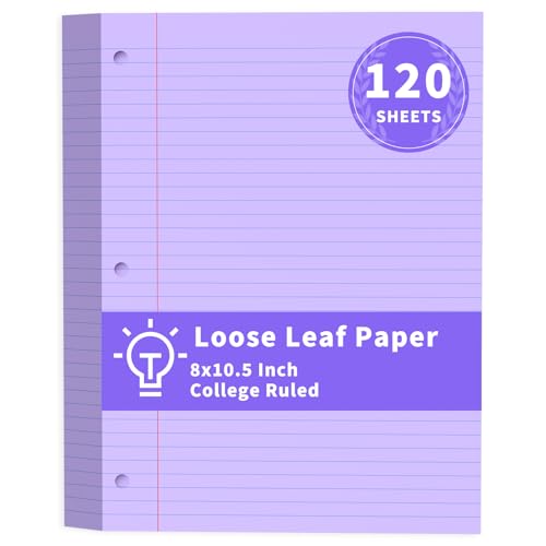 Purple Loose Leaf Paper 120 Sheets Purple Paper 8" x 10.5" College Ruled Paper Colored Notebook Paper 3-Hole Punched Lined Paper, 3 Ring Binder Paper 8 x 10.5 Filler Paper for School Office Supplies - color: Purple, size: 120 Sheets College Ruled
