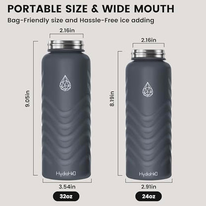24oz Stainless Steel Insulated Water Bottle, 48H Ice Cold & 24H Hot, Leak-Proof Wide Mouth Lids (Straw & Spout), BPA-Free Bottles, Mens Water Bottle for Gym, Hiking, Travel - Grey - color: Gray, size: 24 Ounces