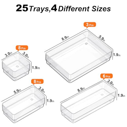 SMARTAKE 25-Piece Drawer Organizer with Non-Slip Silicone Pads, 4-Size Desk Drawer Organizer Trays Storage Tray for Makeup, Jewelries, Utensils in Bedroom Dresser, Office and Kitchen (Clear) - style: 25 PCS