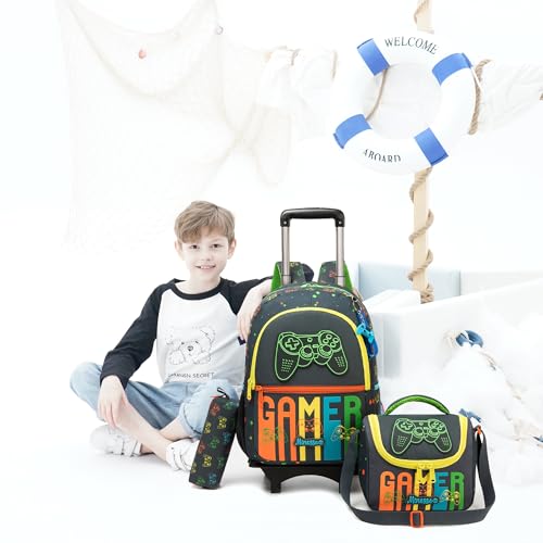 Backpack with Wheels for Boys Rolling Backpack with Lunch Box Pencil Case for Kids Carry On Suitcase with Wheels for Elementary Teens Boys - color: Game 06