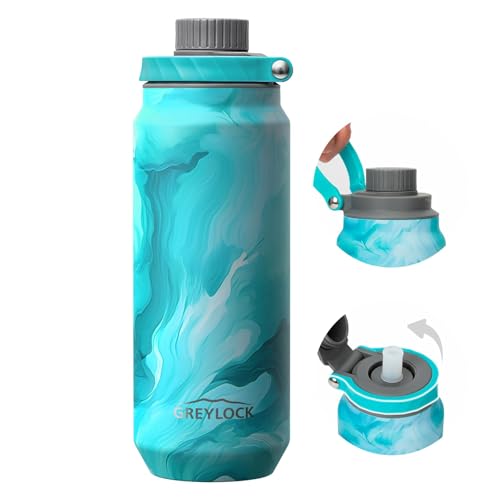 GREYLOCK 40 oz Insulated Water Bottle with Straw Lid, Leakproof Reusable Stainless Steel Vacuum Flask, 24hr Cold & Hot, Carry Handle & Silicone Spout, BPA-Free for Gym, Hiking, Travel,Blue - color: Tides, size: 40 Ounces