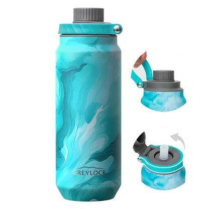 GREYLOCK 40 oz Insulated Water Bottle with Straw Lid, Leakproof Reusable Stainless Steel Vacuum Flask, 24hr Cold & Hot, Carry Handle & Silicone Spout, BPA-Free for Gym, Hiking, Travel,Blue - color: Tides, size: 40 Ounces