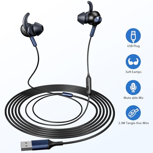 USB Earbuds with Microphone for PC Laptop, 7.5FT Wired USB A Computer Zoom Meeting Mute Headphones Headsets for Office School Desktop PS5 HiFi Noise Isolation In Ear Corded Gaming Earphones with Mic
