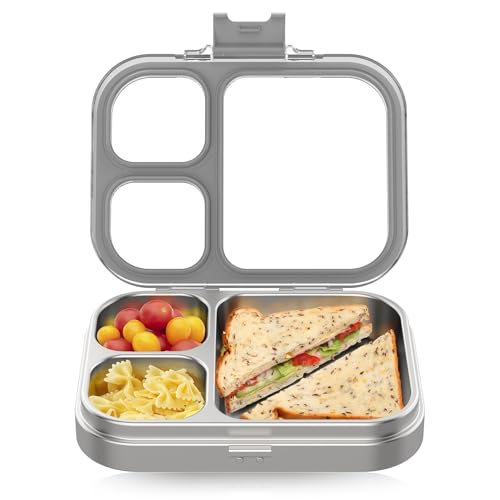 HOMEKOL Stainless Steel Bento Lunch Box, Grey, 3.3Cups | 3-Compartment,Leak-Proof, for Kids & Adults, BPA-Free, Dishwasher Safe, Clear Tritan Lid, 800ml (Not Insulated) - color: Gray, size: 27oz (800ml)