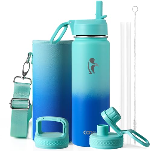 Coolflask 24 oz Insulated Water Bottle with Straw & 3 Leakproof Lids | Water Flask Stainless Steel Triple-Wall Vacuum, Cupholder Friendly, Cold 48+h, Dishwasher Safe, Non-BPA, for Gym & Hiking - color: Pacific Prince, size: 24 Ounces