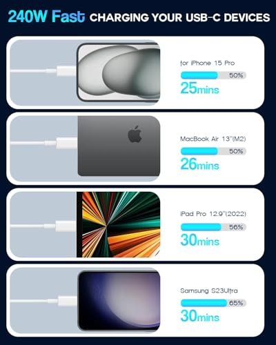240W USB C Cable, USB C to USB C, C to C Cable Fast Charging for MacBook Pro/MacBook Air, iPad Pro/iPad Air, iPhone 16 Pro Max/ 16 15 Pro/Plus,Samsung,Compatible 140W/100W /65W/45W/35W/20W (2Pack,3ft) - color: White, size: 3.3FT