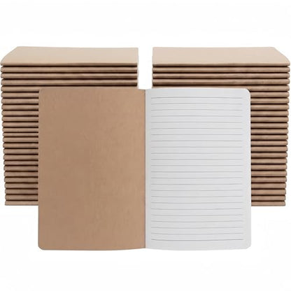VMK 50 Pack A5 Wide Ruled Lay Flat Notebooks Bulk, Kraft Brown Softcover | 30 Sheets/60 Pages Each, Thread-Sewn Binding, 80gsm Paper, 2 Bundles of 25 for Classrooms, Training, and Groups - color: Kraft