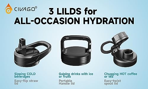 CIVAGO 24 oz Insulated Water Bottle With Straw, Stainless Steel Sports Water Flask Cup with 3 Lids (Straw, Spout and Handle Lid), Double Walled Travel Thermal Canteen Mug, Black - color: Black, size: 24 Ounces