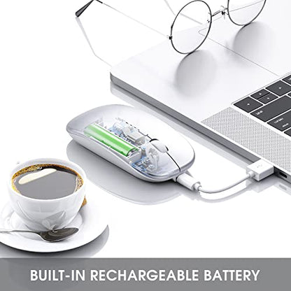 INPHIC Rechargeable Wireless Computer Bluetooth Mouse Tri-Mode | BT 5.0/4.0+2.4G, Multi-Device Slim Silent Mouse, 2400 DPI Portable Mouse for iPad MacBook Laptop Android Tablet Windows PC - color: Silver, style: 2.4G
