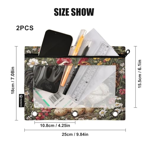 Rooster Binder Pouches 3 Ring for Boys Girls School Office College Supplies Rural Style Chicken Daisy Flower Pencil Pouches Case Bag with Clear Window and Zipper 2 Pack - color: Rooster