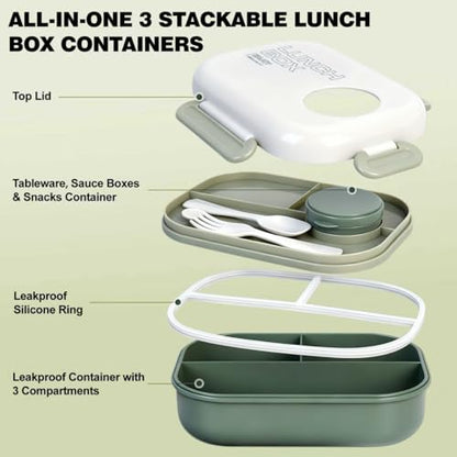 3-Compartment Leak-Proof Bento Box for Kids & Adults, Green | Insulated bag, utensils & sauce container included; BPA-free; Microwave & dishwasher safe; Ideal for school, office & travel. - color: Green