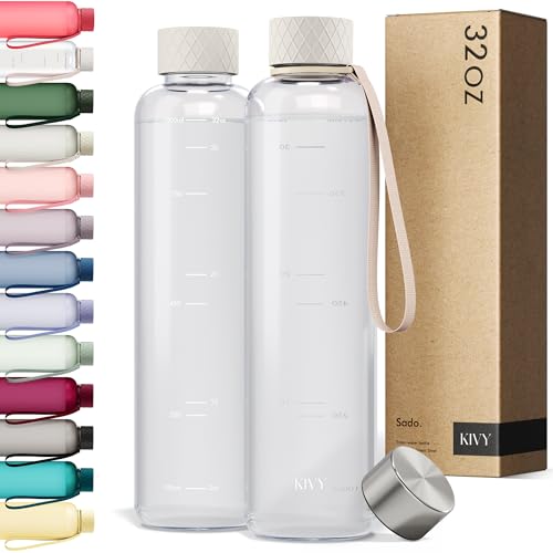 KIVY Slim Water Bottle 32oz [Lightweight & Shatterproof Tritan] Fits Backpack & Cupholder for Travel, Sports, School, Gym - Clear water bottle with measurements - Transparent Beige - Dishwasher Safe - color: 04 Cream Clear, size: 32 Ounces