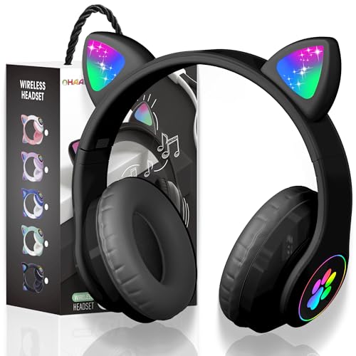 Bluetooth Noise Cancelling Headphones for Kids,Foldable Cat Headphone with LED Light Up Ear,Cat Ear Headphones for Toddler with Microphone/TF Card,Kids Bluetooth Earphones for ipad | Foldable Cat Headphone, LED Light Up Ear, Cat Ear Headphones for Toddler