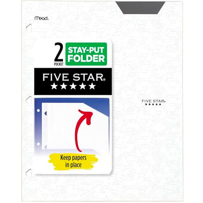 Five Star 2-Pocket Folder, Plastic Folder with Stay-Put Tabs, Fits 3-Ring Binder, Holds 8-1/2" x 11" Paper, White (333420I-ECM) - color: White