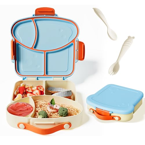 Kids Bento Lunch Box, Toast Shaped 4-Compartment 31OZ Container with Sauce Cup & Utensils (Ages 3+) Leak-Proof, Drop-Proof, Dishwasher Safe | BPA-Free Reusable Lunch Box for School, Travel | Blue - color: Blue-31oz