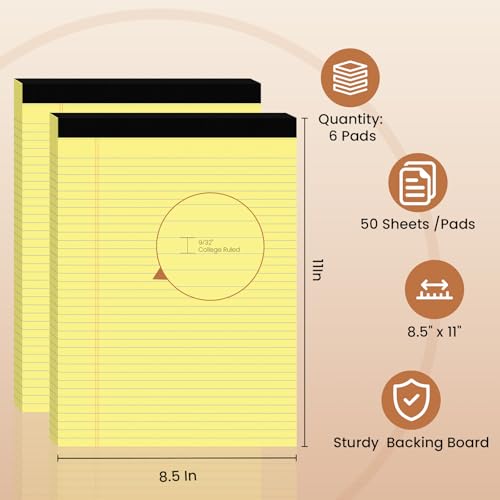 6Packs Legal Pads 8.5 x 11 Inch, 50Sheets/Pack, College Ruled & Perforated Yellow Writing Pads, Pads of Paper 8.5 x 11, Lined Note Pads with Sturdy Backing for Office, Business & School Supplies - color: Yellow, style: 6 Pads-50 Sheets/Pads