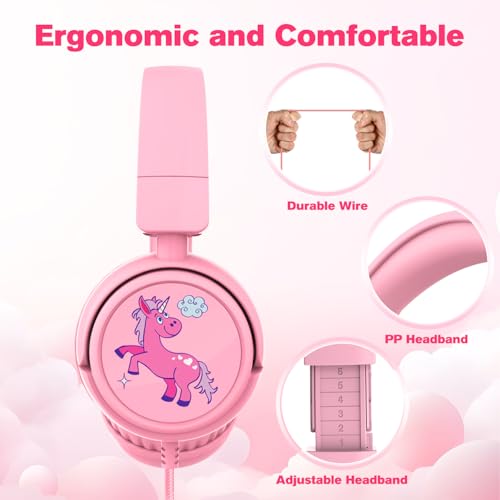 K6 Kids Headphones for Toddler & Kids Ages 2-12, 85/94dB Safe Volume Limited, Wired with 3.5mm Jack, HD Microphone, Adjustable & Foldable, On-Ear Headphones for Tablet, School, Travel, iPad - color: Pink