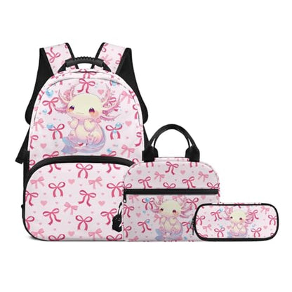 Back to School Bookbag Set for Kids, Lovely Girls 3-in-1 Insulated Lunch Bag & Pencil Case,Axolotl Prints Lightweight Backpack for Camping Hiking Picnic - color: Pink Bows-axolotl Prints