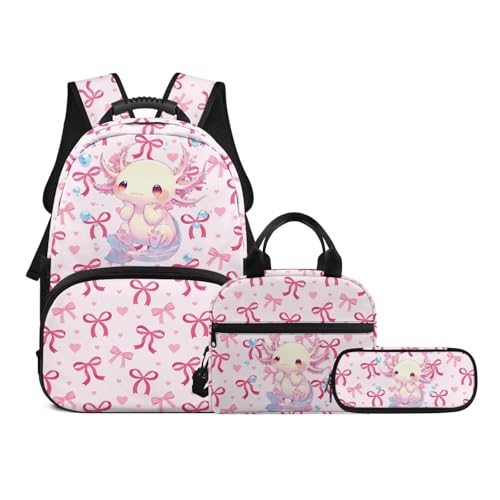 Back to School Bookbag Set for Kids, Lovely Girls 3-in-1 Insulated Lunch Bag & Pencil Case,Axolotl Prints Lightweight Backpack for Camping Hiking Picnic - color: Pink Bows-axolotl Prints