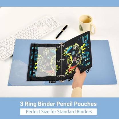 Play Game Binder Pouches 3 Ring for Boys Girls School Office College Supplies Toy Game pad Black Pencil Pouches Case Bag with Clear Window and Zipper 2 Pack - color: Game