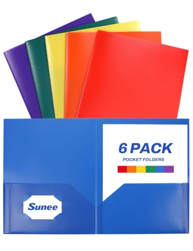 SUNEE Folders with Pockets (6 Pack, Assorted Colors), Plastic Folders with Pocket, Poly Folder for Documents Letter Size, 2 Pocket Folder for Kids, Home, School, Office - color: Multicolored 1, style: 6-Pack