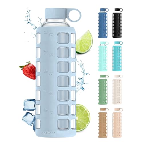 purifyou 40oz / 32oz / 22oz / 12oz Borosilicate Glass Water Bottle with Time & Volume Markers, Silicone Sleeve, Stainless Steel Lid | Reusable Glass Bottle for Water & Juice (32oz Ice Blue) - color: Ice Blue (1 Count), size: 32 Ounces