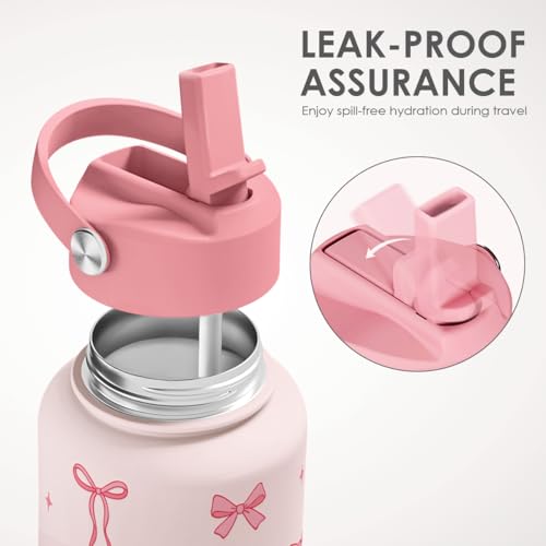 SANDJEST Coquette Bow Gift for Women, Water Bottle Stainless Steel 32oz with Lid & Straw, Pink Bows Aesthetic Insulated Bottles Gifts for Girls Friends Teens Birthday Christmas - color: Bow