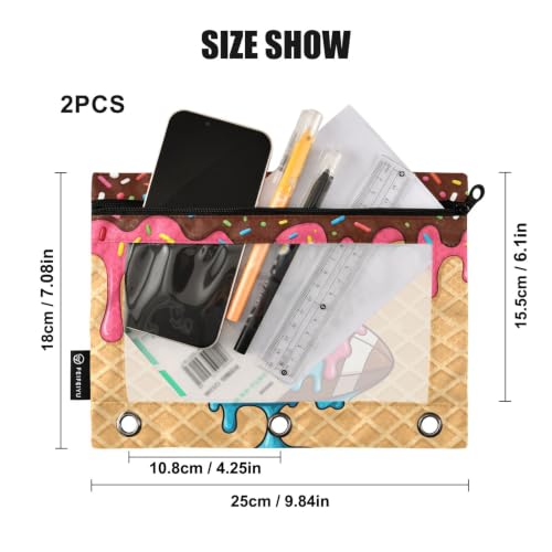 Gredecor 3 Ring Binder Pencil Pouch, American Football Ice Cream Zippered Pen Case Pouches with Clear Window, 2 Pack Stylish Office & School Supplie - color: American Football Ice Cream