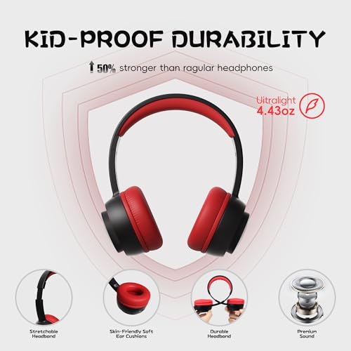 Kids Bluetooth Headphones, Toddler Headphones 85 dBA Safe Volume, 45 Hours Playtime, with Mic, Bluetooth 5.3, Kids Wireless Headset for iPad/Tablet/Travel/School, ldeal Gift (Black/Red) - color: Black/Red