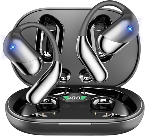 Open Ear Clip Wireless Earbuds Bone Conduction Headphones, Bluetooth,Built-in Mic, Waterproof, LED Display ,Ear Hooks Ear Buds Ultra-Comfort Earphones Design for Running walking,office,birthday gift - color: Black