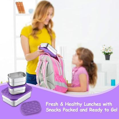 Homikit 3 Pack Kids Lunch Box Set, 18/10 Stainless Steel Bento Boxes with Silicone Lids Leak Proof, 5 Cups Reusable Metal Food Snack Containers for School Daycare, Nontoxic & Dishwasher Safe, Purple - color: Purple, size: Medium