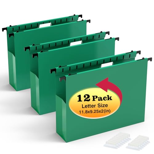 SHUTEX Extra Capacity Plastic Hanging File Folders,12 Pack Reinforced Expanding Hang Folder Letter Size,Accordian Pocket,Heavy Duty 2 Inch Expansion,Hanging Folder Organizer for Office Home,Green - color: Green